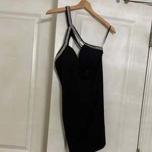 Chic One-Shoulder Black Dress with Rhinestone Accents